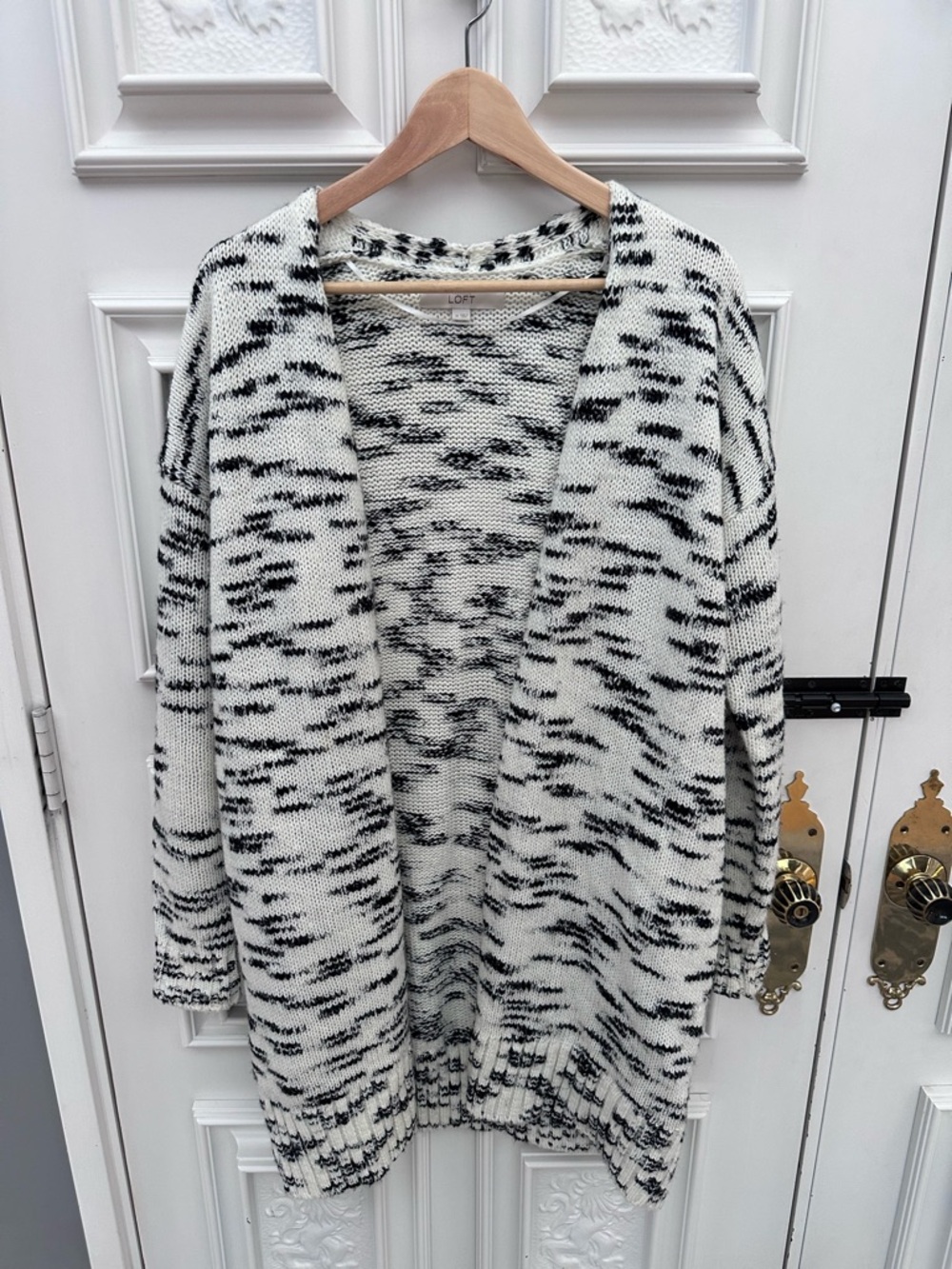 LOFT Black & White Marled Open-Front Cardigan - MEDIUM